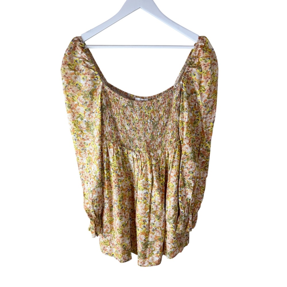 Girl and the Sun Floral Smocked Square Neck Puff Sleeve Top Yellow‎ Orange XS